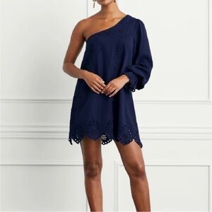 NEW NWT Hill House The Mila Dress One Shoulder Eyelet Dress In Navy Linen